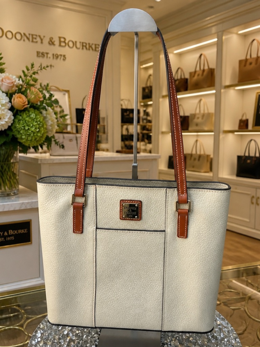 Dooney & Bourke Cream Leather Tote with Brown Trim and Straps